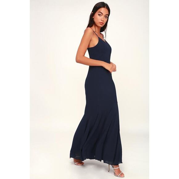 Lulus Spaghetti Strap Chiffon A-Line Maxi Formal Dress Navy Size Small 0625A - Picture 3 of 16